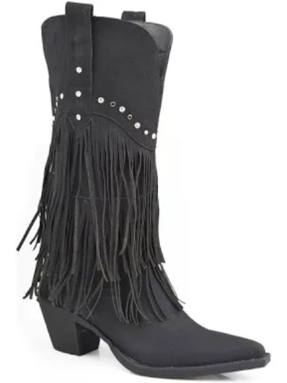 Roper Black Leather Fringe Studded Western Boots Pointed Toe 6.5 - Picture 2 of 5